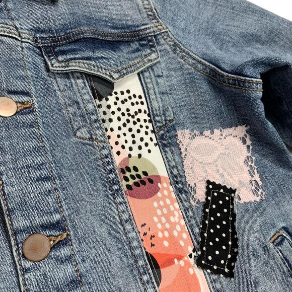 Wonder Nation Denim Jacket Pink Black Lace Polka Dot Pearl Heart Trucker XXL - Picture 6 of 13